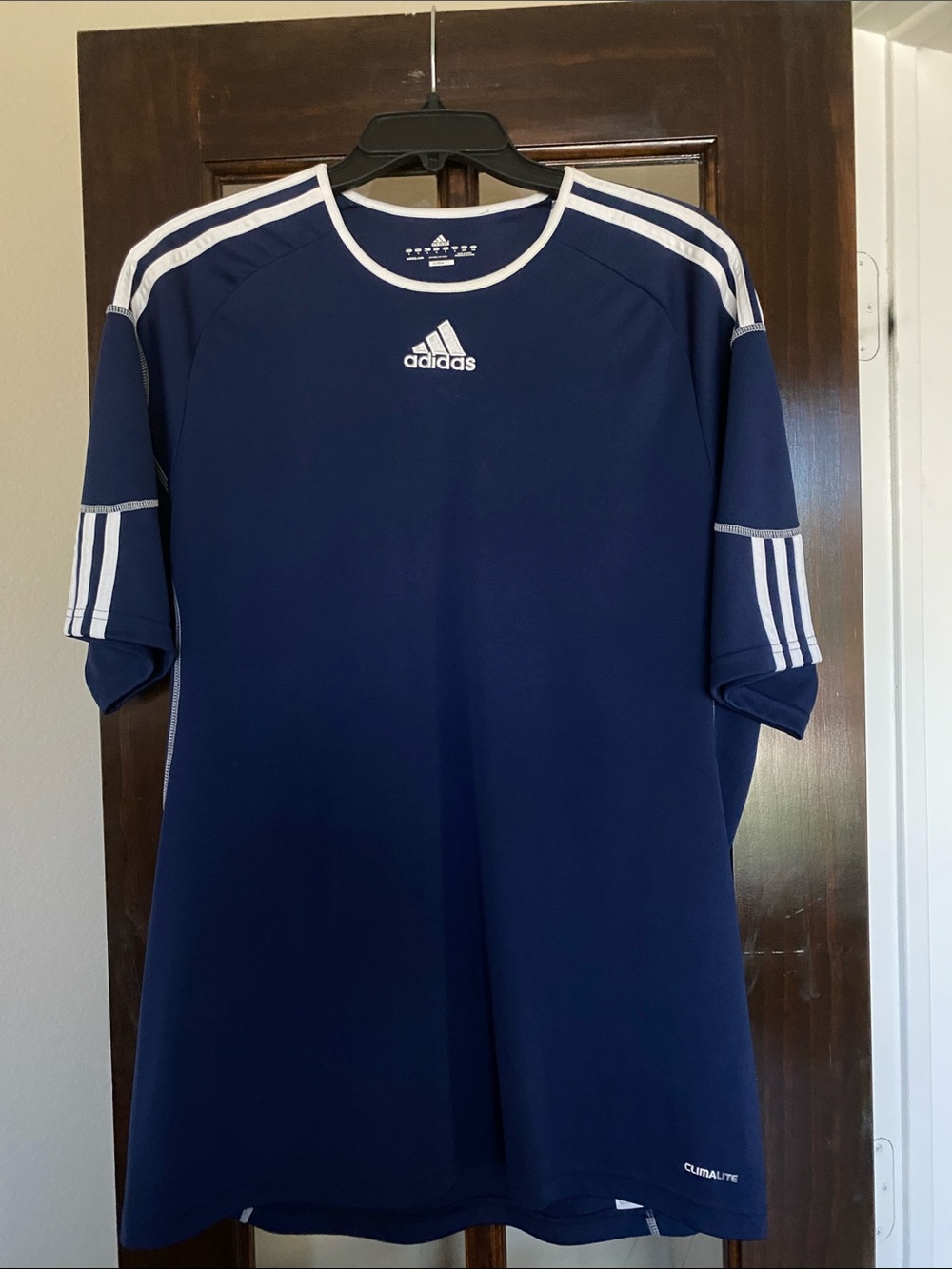 Adidas Navy Blue Athletic Climalite Tee with White Stripes